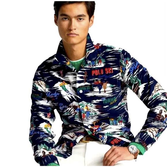 Ralph Lauren Polo Shirt Mens M Ski Lodge AOP Micro Corduroy Outdoors Gorpore - Picture 3 of 10